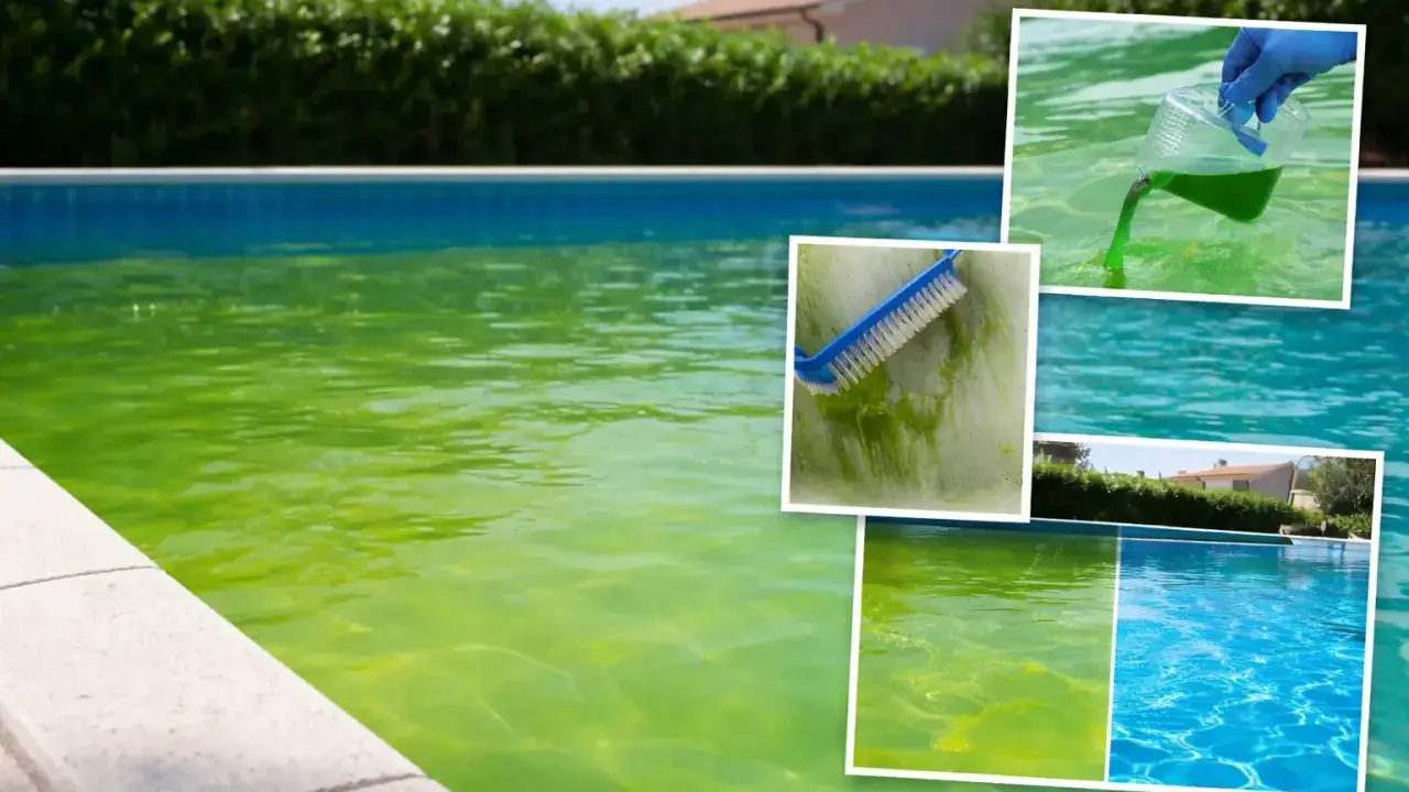 Piscina verde e torbida, con spazzola che pulisce le alghe e prodotto chimico versato. Troppo antialghe in piscina, ma il risultato finale è un'acqua cristallina.