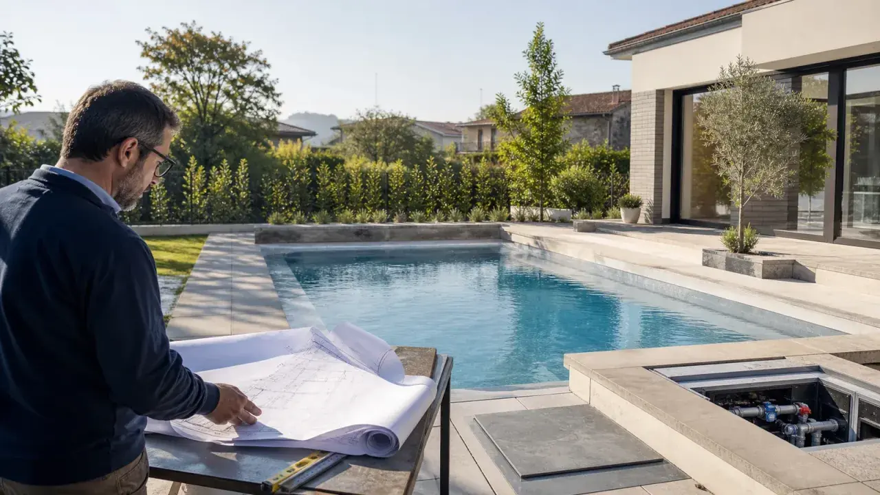 Uomo con occhiali studia progetto per capire come costruire una piscina interrata. Piscina moderna e giardino curato.