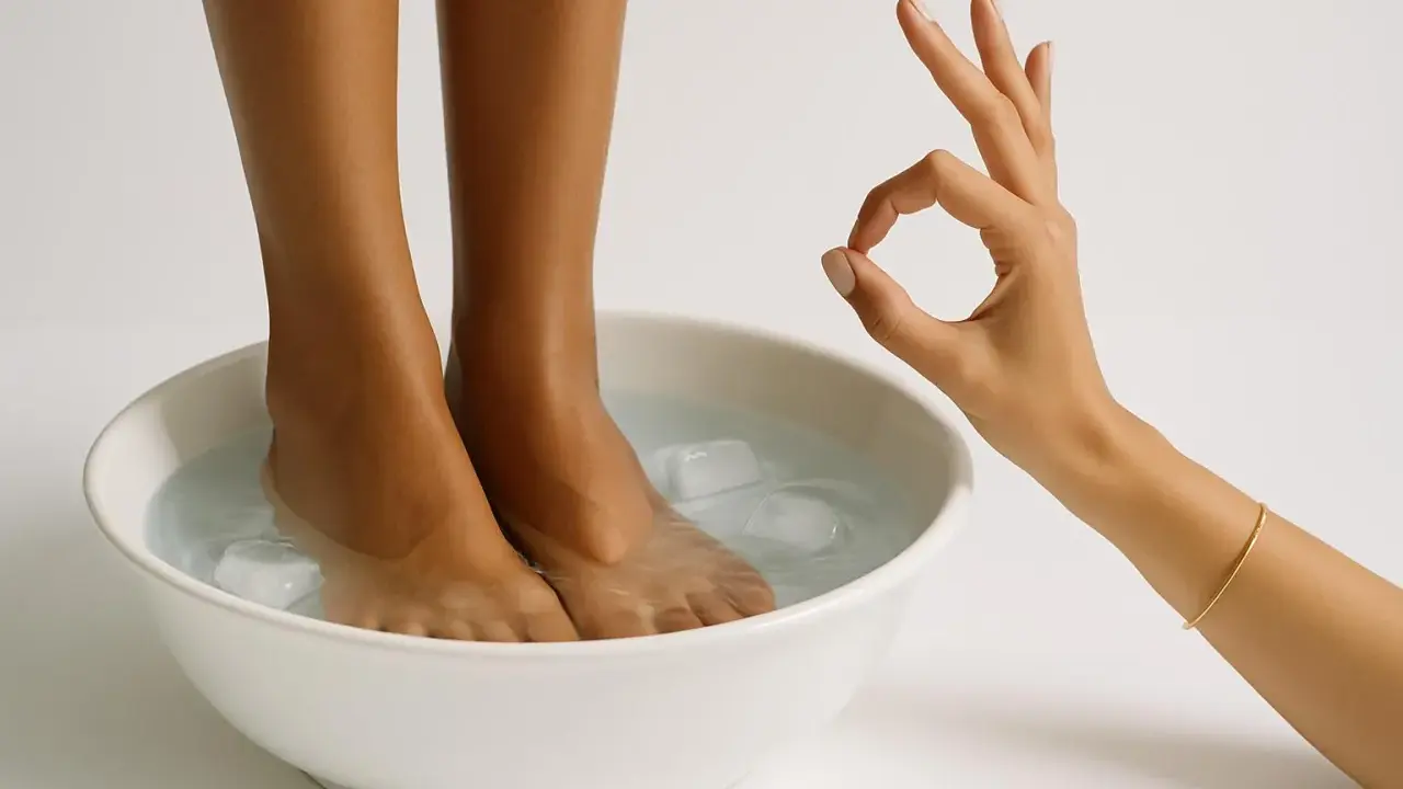Piedi immersi in una ciotola con acqua fredda e cubetti di ghiaccio, un gesto con la mano indica che il **shock termico acqua fredda** è perfetto per un sollievo immediato.