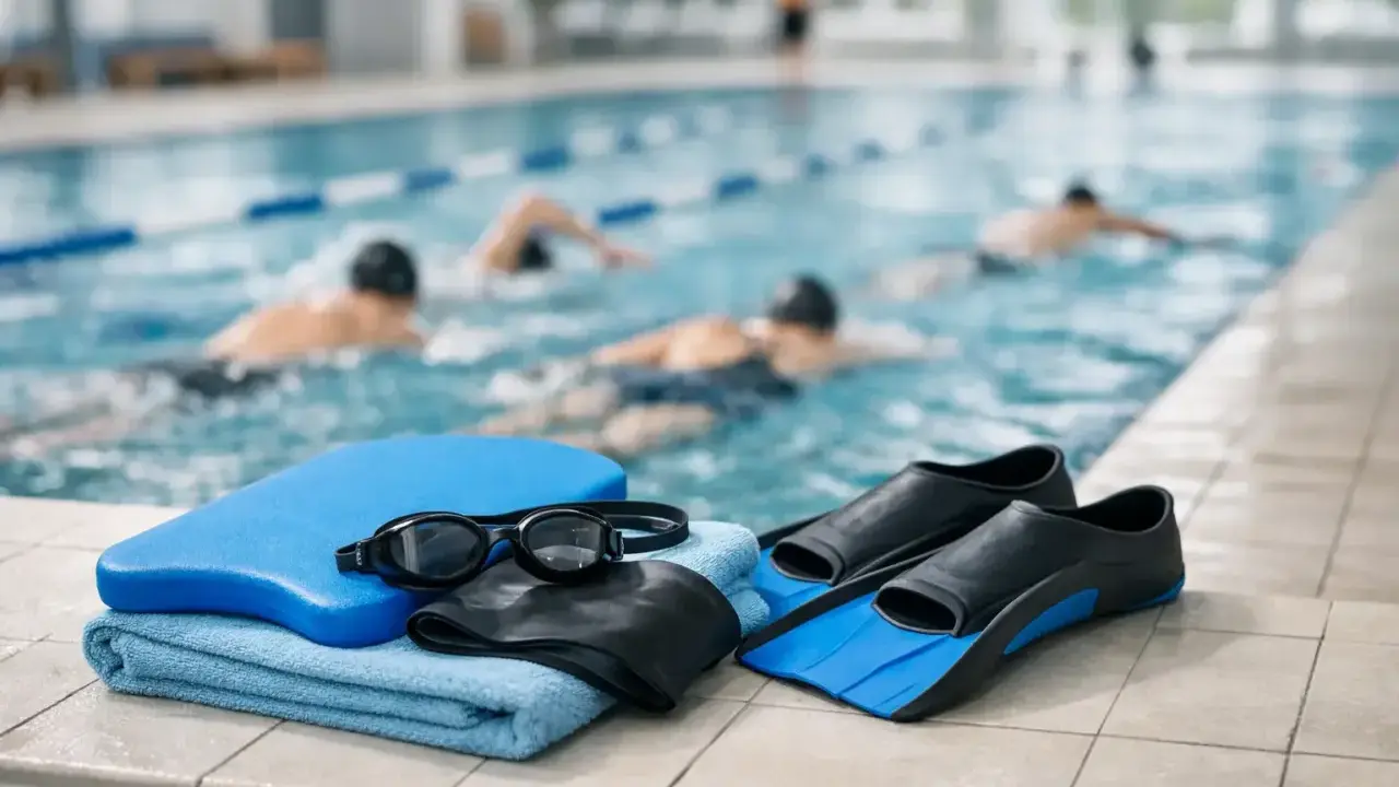 Attrezzatura da nuoto: cuffia, occhialini, tavoletta, pinne e asciugamano, pronti per il programma nuoto in piscina con nuotatori sullo sfondo.