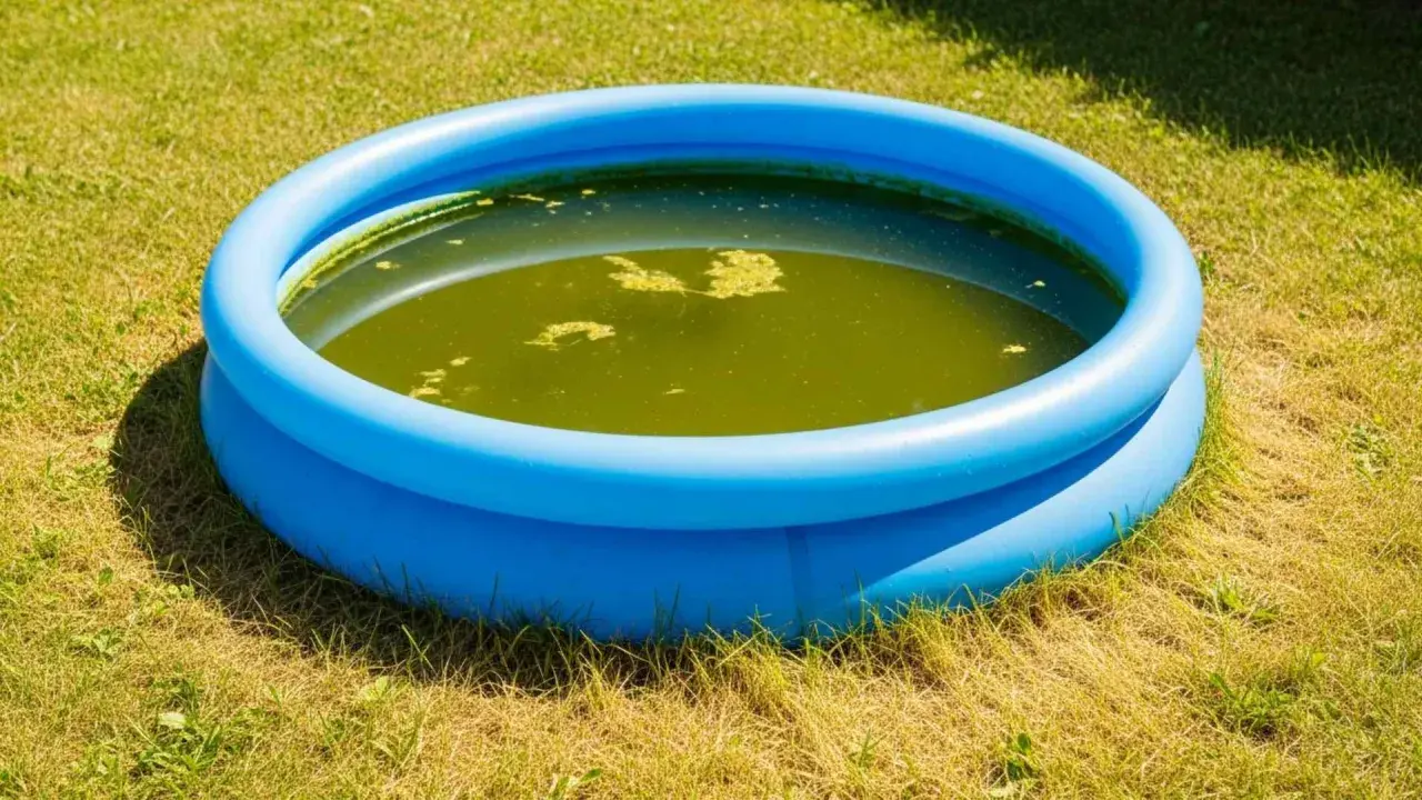 Piscina gonfiabile blu su prato con acqua verde e alghe. È ora di chiedersi ogni quanto cambiare acqua piscina gonfiabile per evitare questo.
