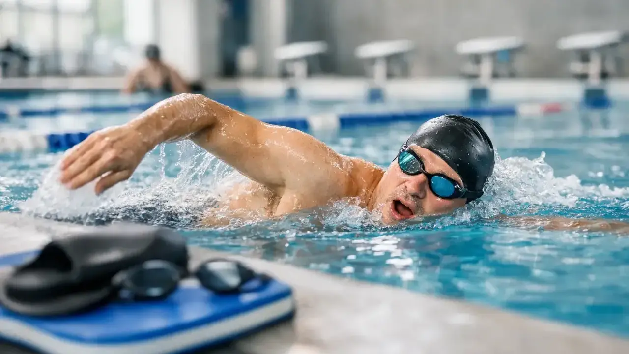 Atleta di nuoto master in azione, con bracciata potente e sguardo concentrato. La piscina è il suo regno.