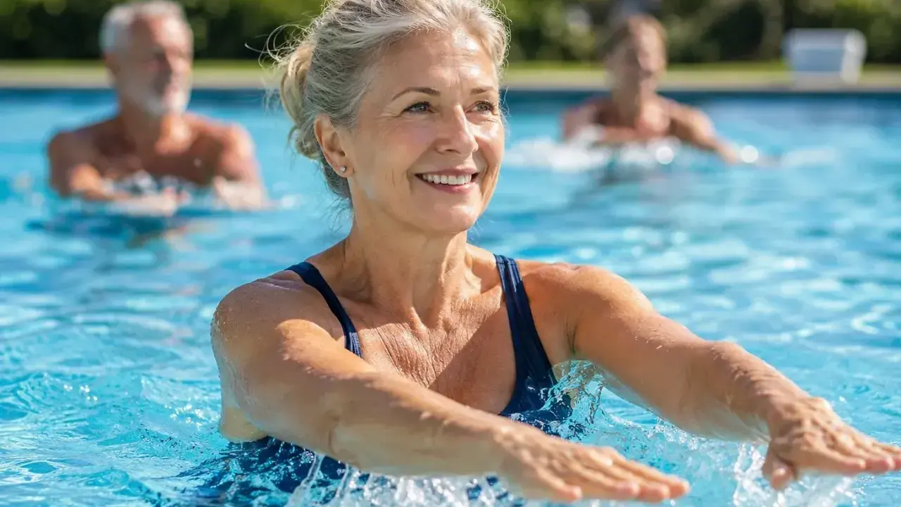 Donna sorridente fa esercizi da fare in piscina con altre persone sullo sfondo.