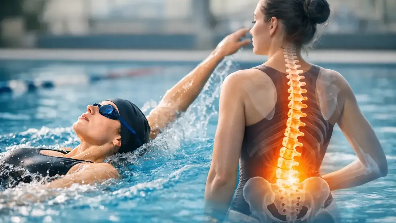 Nuoto 2 volte a settimana benefici: una donna nuota mentre un'immagine della colonna vertebrale evidenzia i benefici per la schiena.