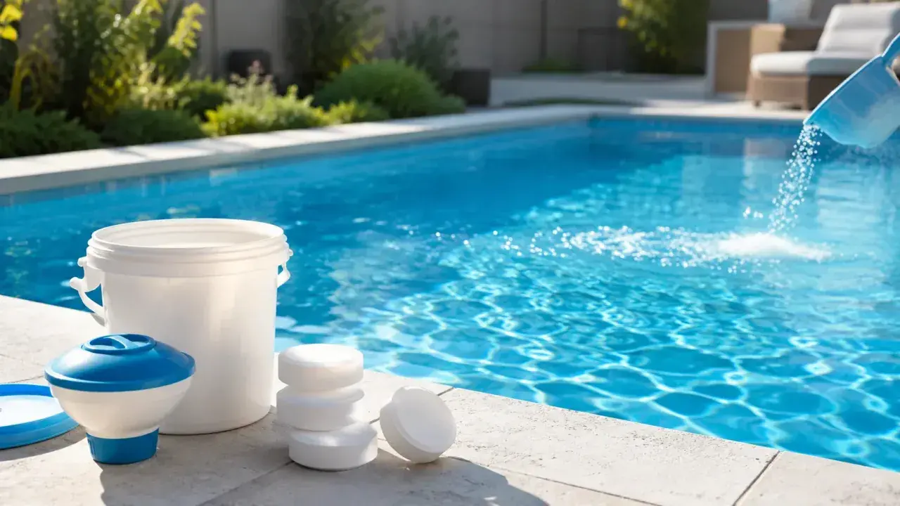 Prodotti per la piscina e un secchio blu che versa granuli nell'acqua. Mantenere l'alcalinità dell'acqua è fondamentale per il benessere della piscina.