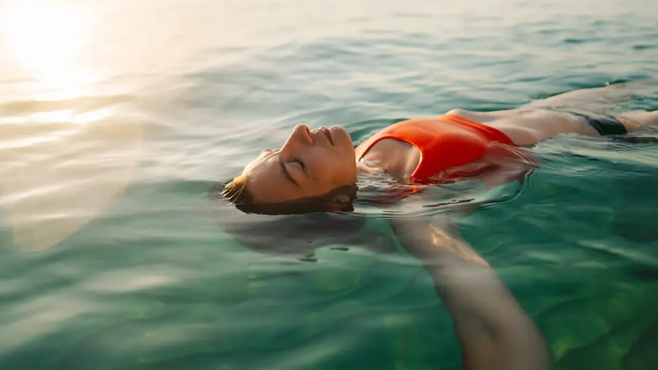 Donna galleggia serena in acqua cristallina, pensando ai rimedi per l'otite del nuotatore.
