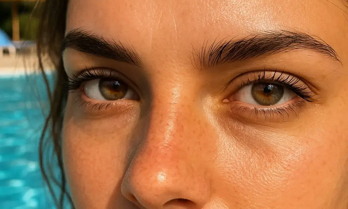 Occhi con lenti a contatto che riflettono il sole della piscina.