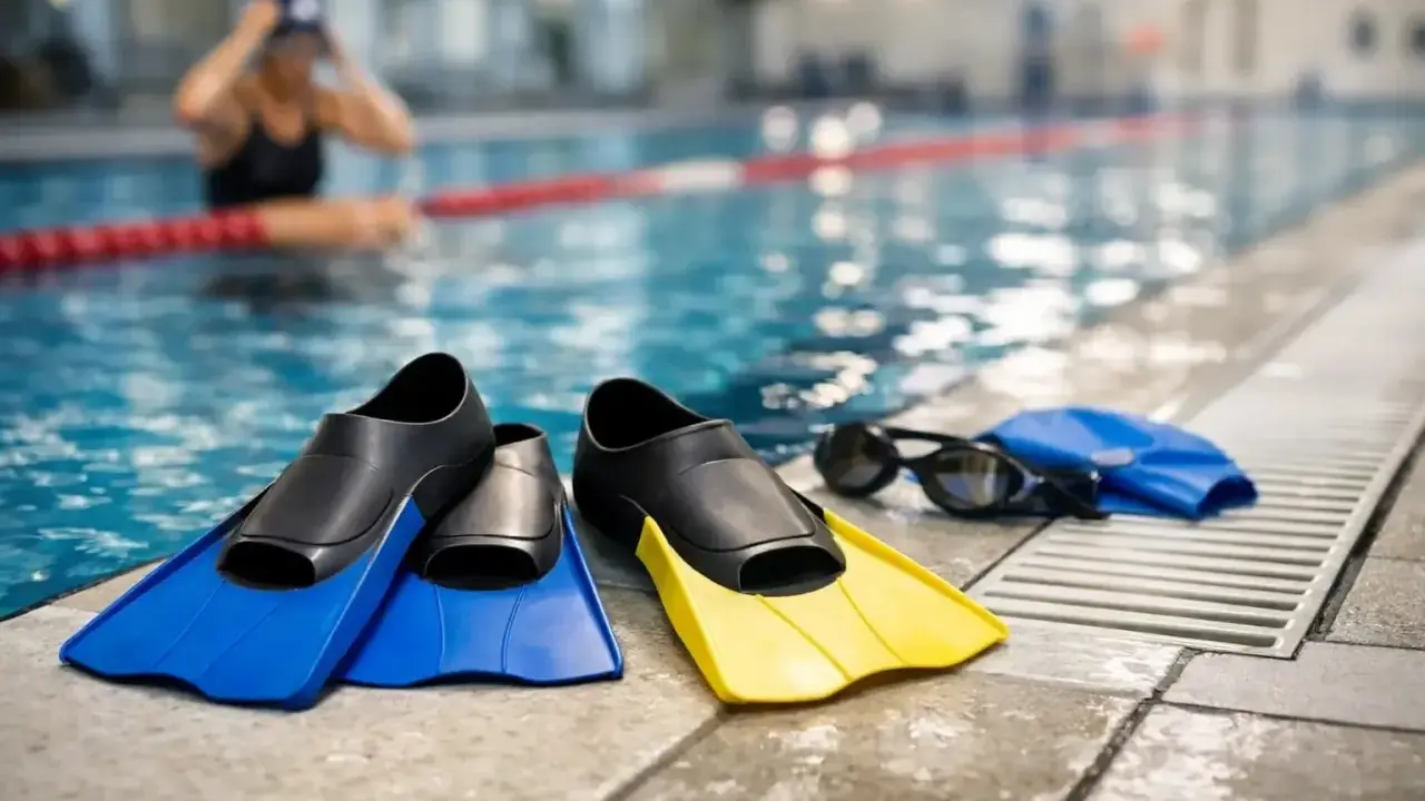 Pinne corte blu e gialle, occhialini e cuffia da piscina pronti per un allenamento.