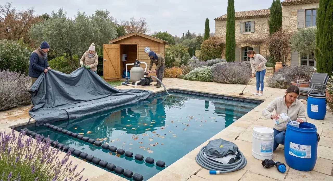 Famiglia prepara la piscina per la chiusura invernale: stendono la copertura, puliscono e aggiungono prodotti.