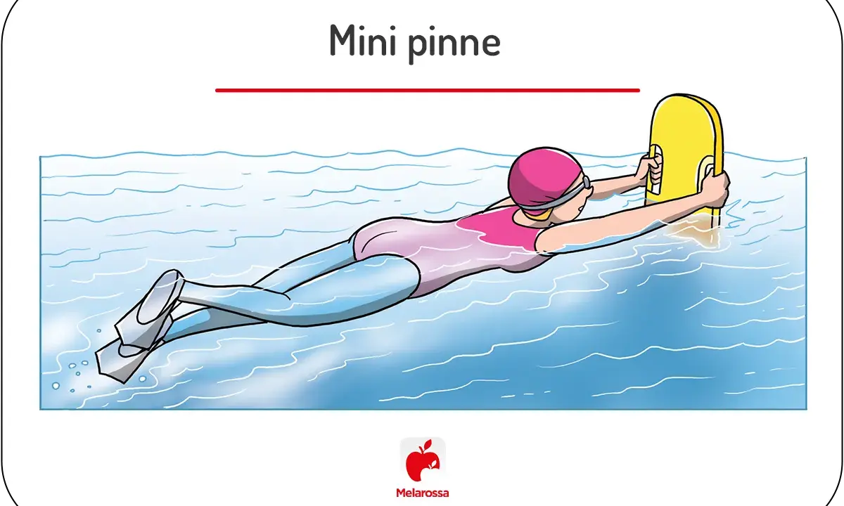 Donna nuota con mini pinne e tavoletta, un modo efficace per dimagrire divertendosi in acqua.