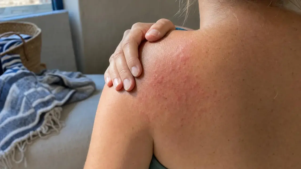 Spalla arrossata e irritata, con piccoli brufoli rossi, che indica prurito dopo piscina.