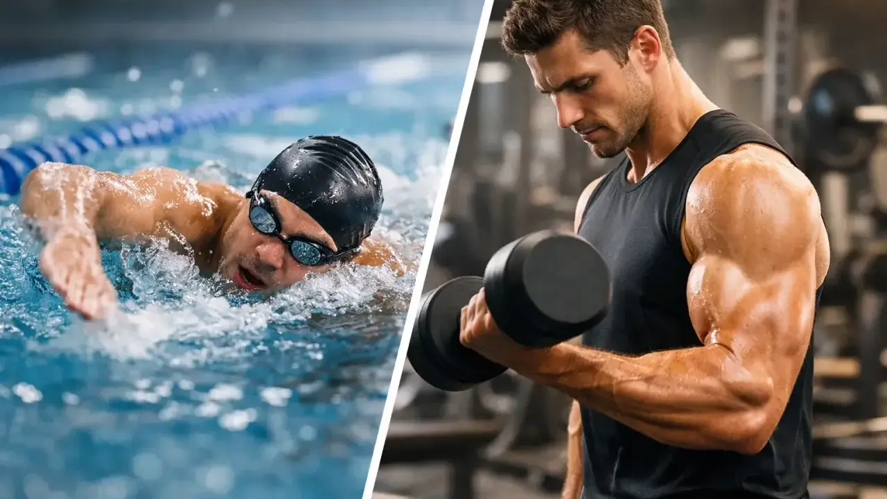 Nuotatore in piscina e uomo che solleva pesi in palestra: allenamento completo per il nuoto.