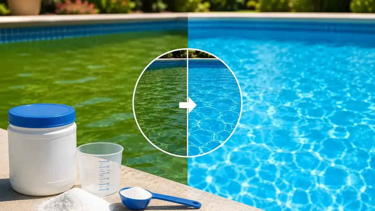 Piscina con acqua verde trasformata in cristallina. Prodotti per il trattamento dell'acqua in primo piano.