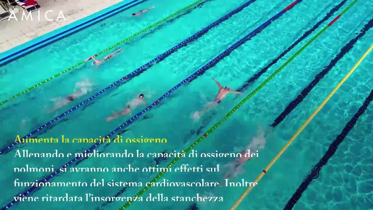 Nuotatori in piscina, allenamento che migliora la capacità polmonare e cardiovascolare, ritardando la stanchezza e contrastando la cellulite.