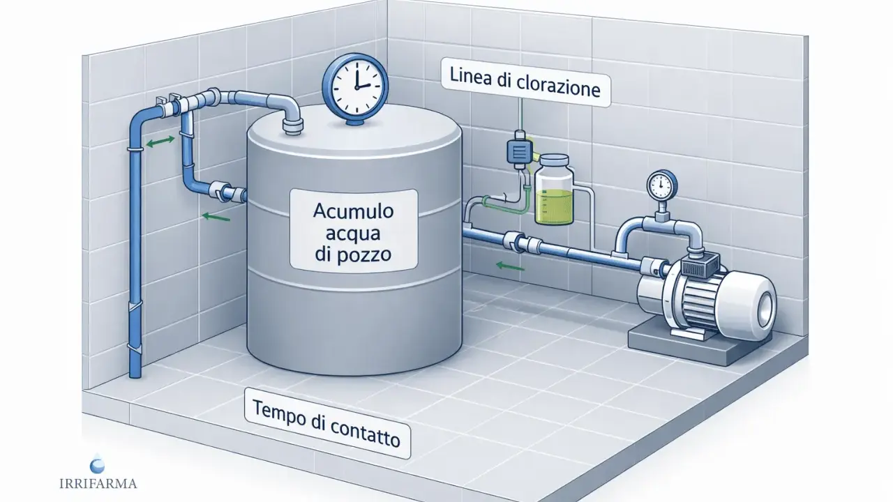 Sistema di clorazione con accumulo acqua di pozzo. Il cloro evapora a temperatura ambiente, garantendo il tempo di contatto necessario.