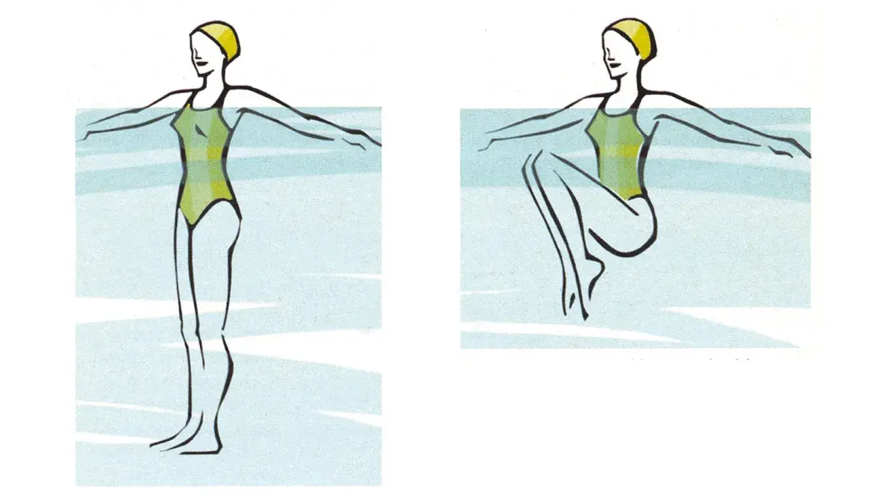 Esercizi di acquagym per dimagrire la pancia: una donna in piedi e poi seduta in acqua, con braccia aperte.