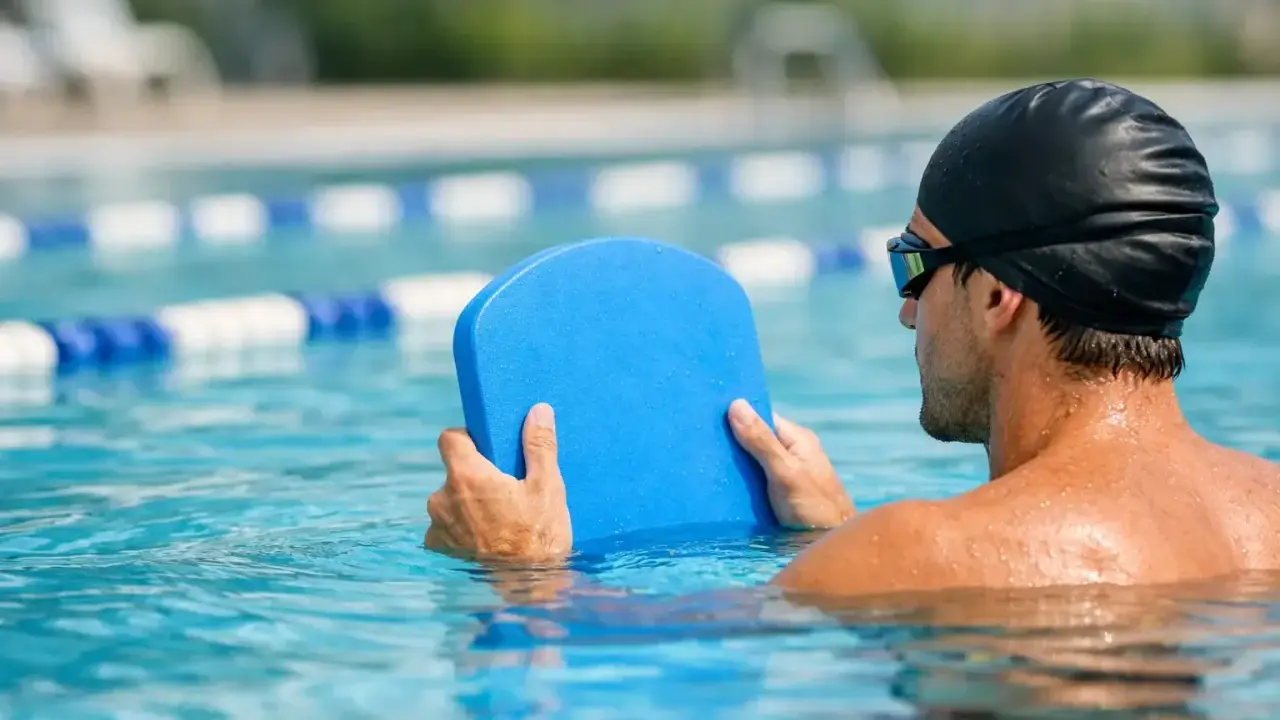 Uomo in piscina con tavoletta blu, pronto per il nuoto con tavoletta per dimagrire.