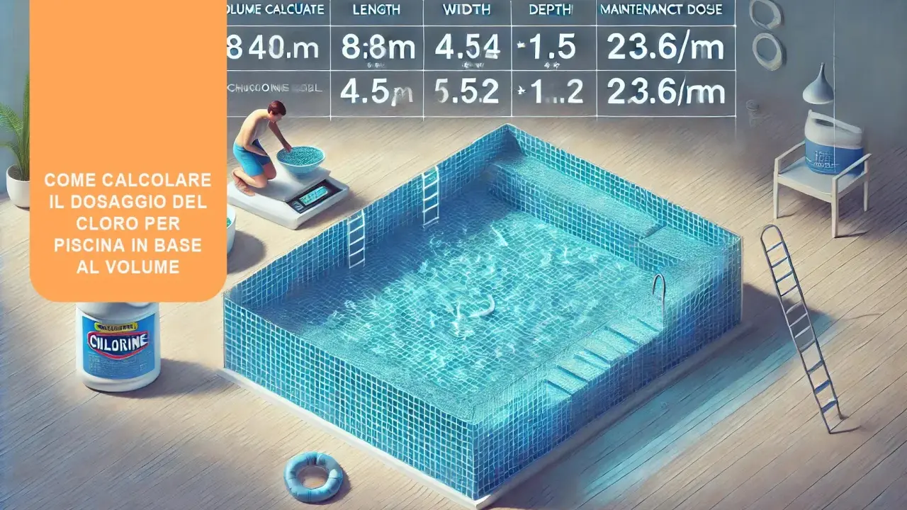 Calcolo cloro totale piscina valori: un uomo pesa cloro granulare per la piscina, con indicazioni su volume, lunghezza, larghezza e dose di mantenimento.