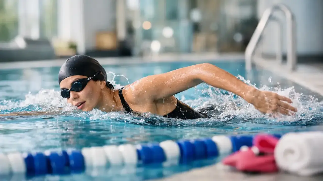 Donna nuota in piscina, bruciando calorie. Allenamento intenso per 30 vasche nuoto calorie.
