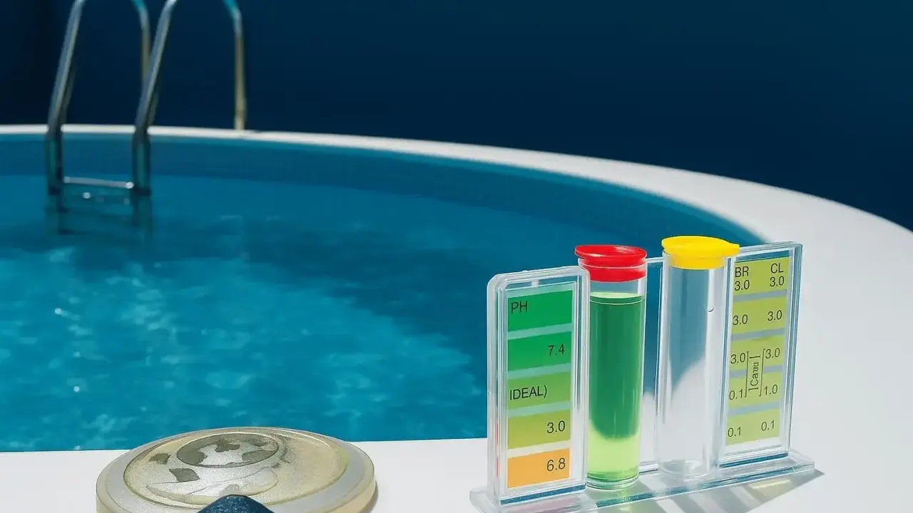 Kit per testare l'acqua della piscina. Il livello di cloro e pH è ideale, ma l'acqua della piscina appare torbida.