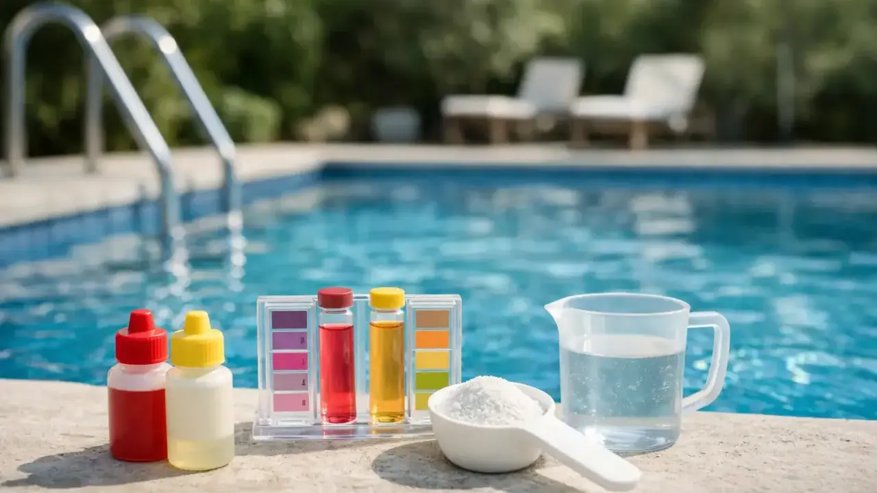 Kit per testare l'acqua della piscina: reagenti, provette colorate e misurino con polvere bianca. L'acqua limpida della piscina suggerisce un controllo per evitare acqua ph alto.