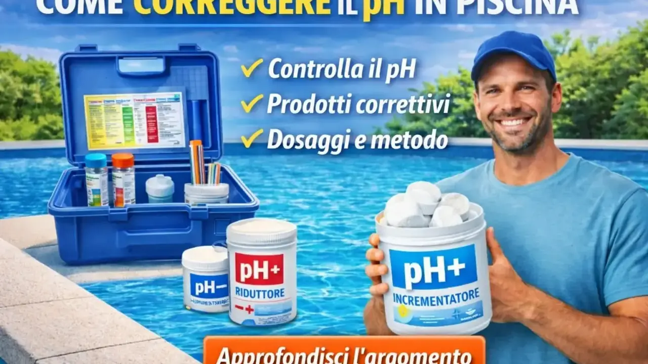 Uomo sorridente con kit per il controllo del pH e prodotti per piscine. Impara come correggere il pH in piscina per un'acqua perfetta.