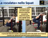 Uomo esegue uno squat con bilanciere, mostrando la "sculata" (ginocchia che si estendono troppo presto). Il carico si sposta, creando uno sbilanciamento.