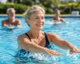 Donna sorridente fa esercizi da fare in piscina con altre persone sullo sfondo.
