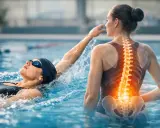 Nuoto 2 volte a settimana benefici: una donna nuota mentre un'immagine della colonna vertebrale evidenzia i benefici per la schiena.