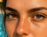 Occhi con lenti a contatto che riflettono il sole della piscina.