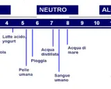 Scala pH: succhi gastrici, Coca Cola, latte acido, limone sono acidi. Acqua distillata e sangue umano sono neutri. Ammoniaca e NaOH sono alcalini.