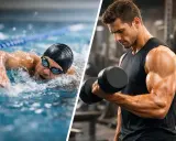 Nuotatore in piscina e uomo che solleva pesi in palestra: allenamento completo per il nuoto.
