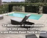 Piscina fuori terra di lusso e lettini prendisole su un deck di legno. Scopri quanto costa mantenere una piscina.