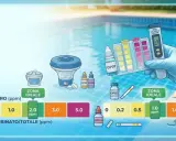 Test del cloro in piscina: la mano guantata mostra un tester digitale con 1.5 ppm, indicando la zona ideale per il cloro libero e combinato.