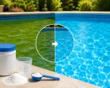 Piscina con acqua verde trasformata in cristallina. Prodotti per il trattamento dell'acqua in primo piano.