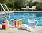 Kit per testare l'acqua della piscina: reagenti, provette colorate e misurino con polvere bianca. L'acqua limpida della piscina suggerisce un controllo per evitare acqua ph alto.