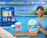 Uomo sorridente con kit per il controllo del pH e prodotti per piscine. Impara come correggere il pH in piscina per un'acqua perfetta.