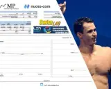 Nuotatore sorridente, con grafici di analisi nuoto e logo SwimLAB. Ben proud dei suoi risultati.