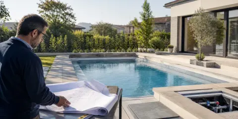 Uomo con occhiali studia progetto per capire come costruire una piscina interrata. Piscina moderna e giardino curato.
