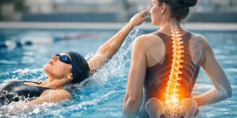 Nuoto 2 volte a settimana benefici: una donna nuota mentre un'immagine della colonna vertebrale evidenzia i benefici per la schiena.