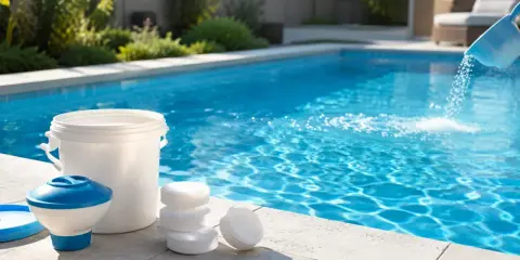 Prodotti per la piscina e un secchio blu che versa granuli nell'acqua. Mantenere l'alcalinità dell'acqua è fondamentale per il benessere della piscina.