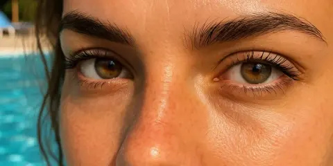 Occhi con lenti a contatto che riflettono il sole della piscina.