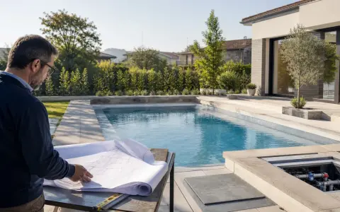 Uomo con occhiali studia progetto per capire come costruire una piscina interrata. Piscina moderna e giardino curato.