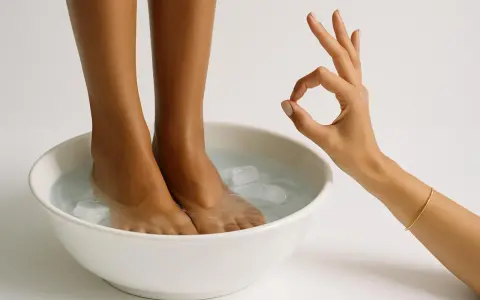 Piedi immersi in una ciotola con acqua fredda e cubetti di ghiaccio, un gesto con la mano indica che il **shock termico acqua fredda** è perfetto per un sollievo immediato.