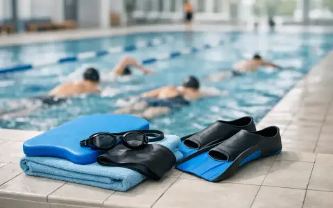 Attrezzatura da nuoto: cuffia, occhialini, tavoletta, pinne e asciugamano, pronti per il programma nuoto in piscina con nuotatori sullo sfondo.
