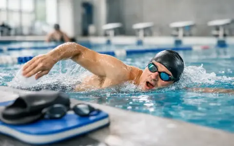 Atleta di nuoto master in azione, con bracciata potente e sguardo concentrato. La piscina è il suo regno.
