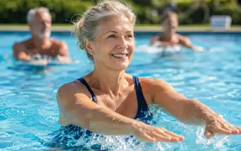 Donna sorridente fa esercizi da fare in piscina con altre persone sullo sfondo.
