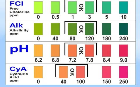 Tabelle per testare cloro, alcalinità e pH. I valori di pH ideali sono indicati con colori specifici.