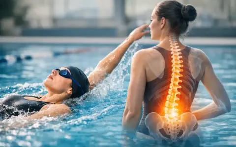 Nuoto 2 volte a settimana benefici: una donna nuota mentre un'immagine della colonna vertebrale evidenzia i benefici per la schiena.