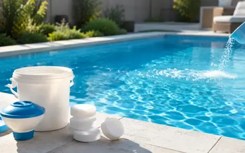Prodotti per la piscina e un secchio blu che versa granuli nell'acqua. Mantenere l'alcalinità dell'acqua è fondamentale per il benessere della piscina.